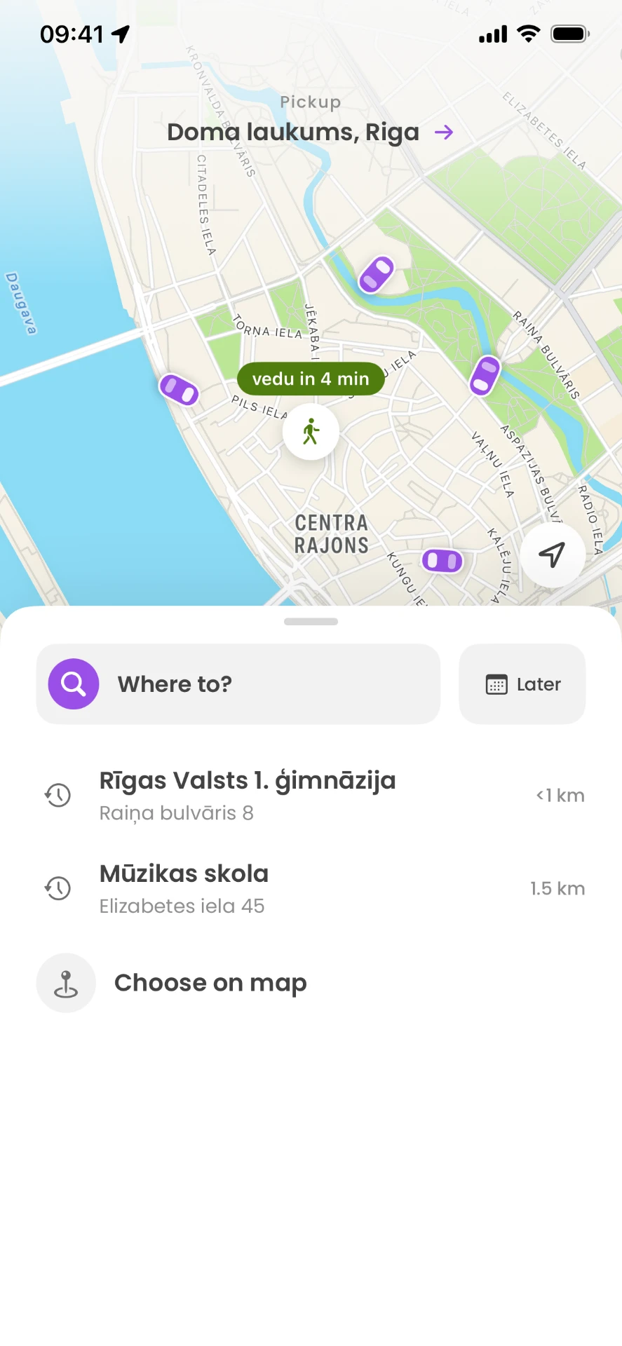 VEDU lietotnes ekrāns 1: Rezervējiet braucienu
